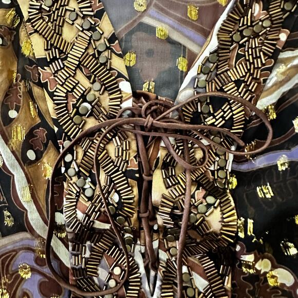 HALE BOB Womens Tunic Brown Chiffon Beaded Metallic Bohemian Artsy Festival | S - Picture 6 of 11